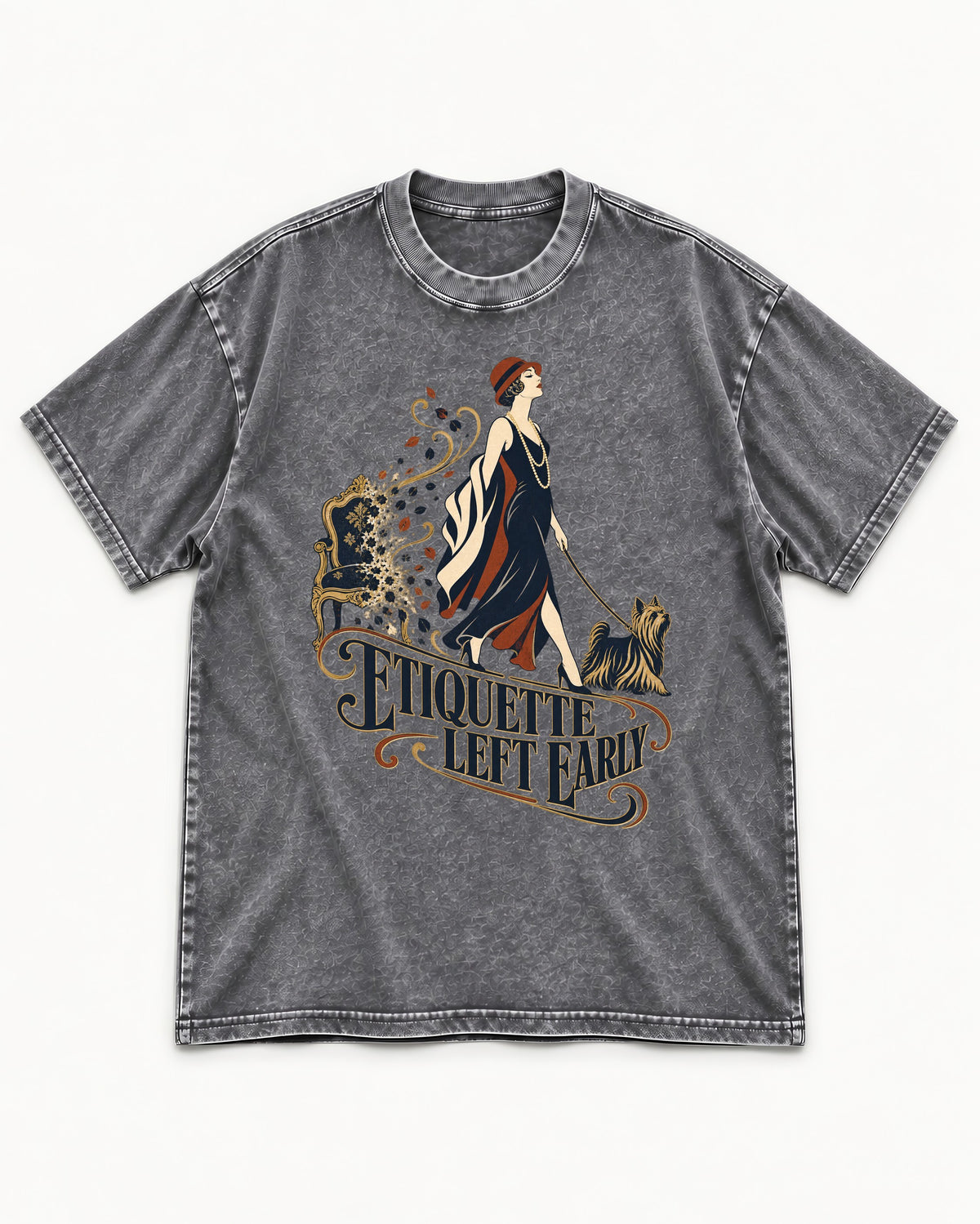 Yorkshire Terrier Etiquette Left Early Washed Tee in Gray, flat lay product photo