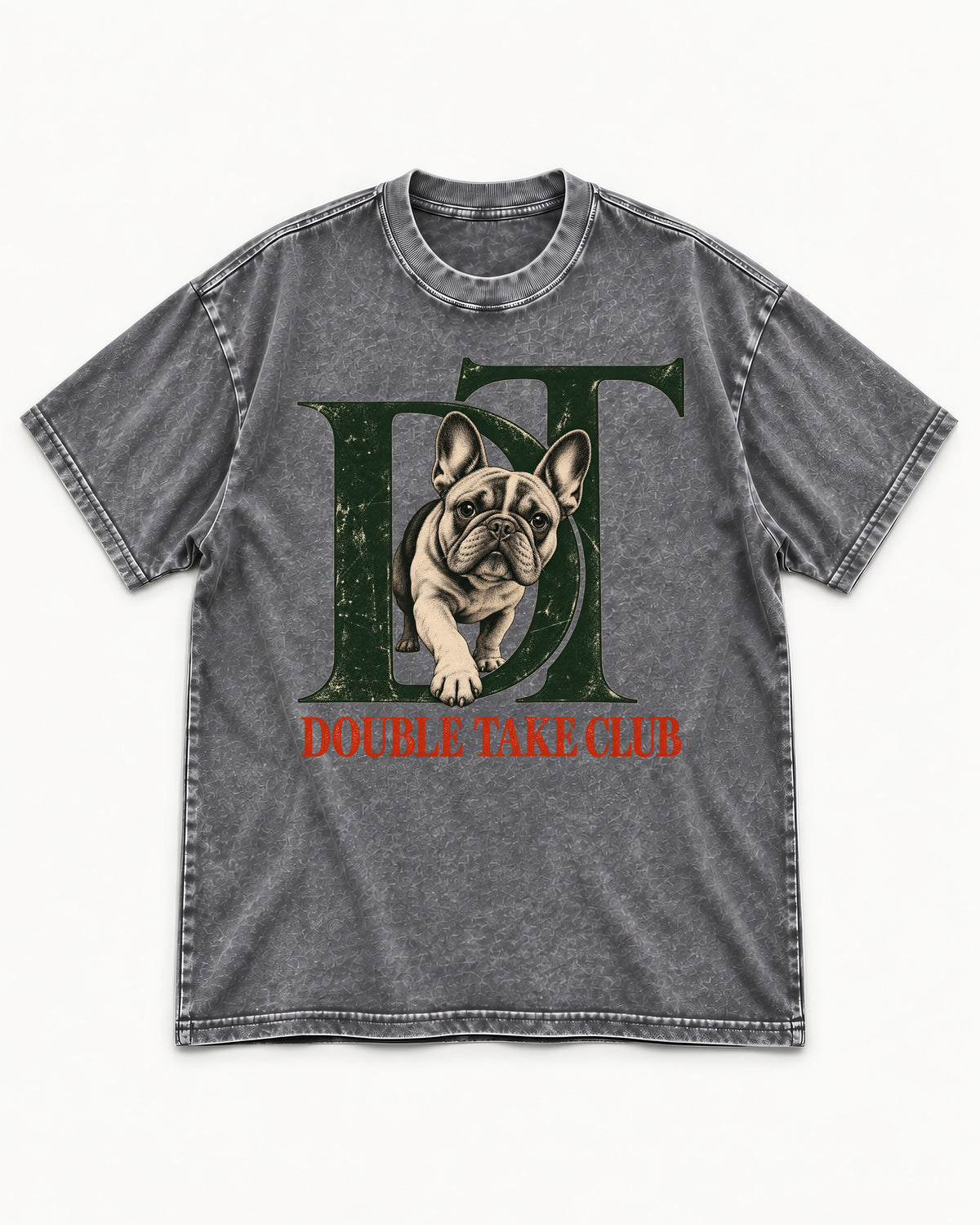 Frenchie Double Take Club Washed Tee in Gray, flat lay product photo