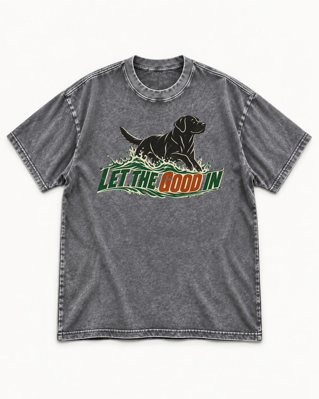 Labrador Retriever Let the Good In Washed Tee in Gray, flat lay product photo