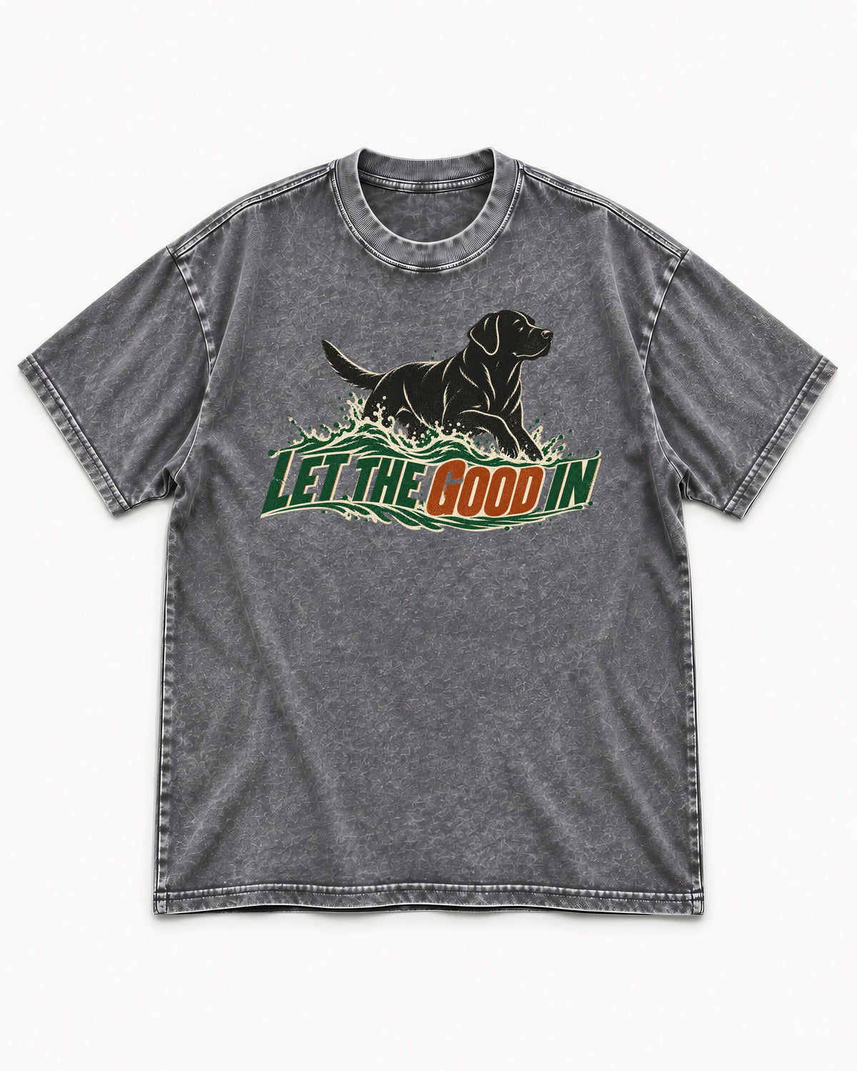 Labrador Retriever Let the Good In Washed Tee in Gray, flat lay product photo