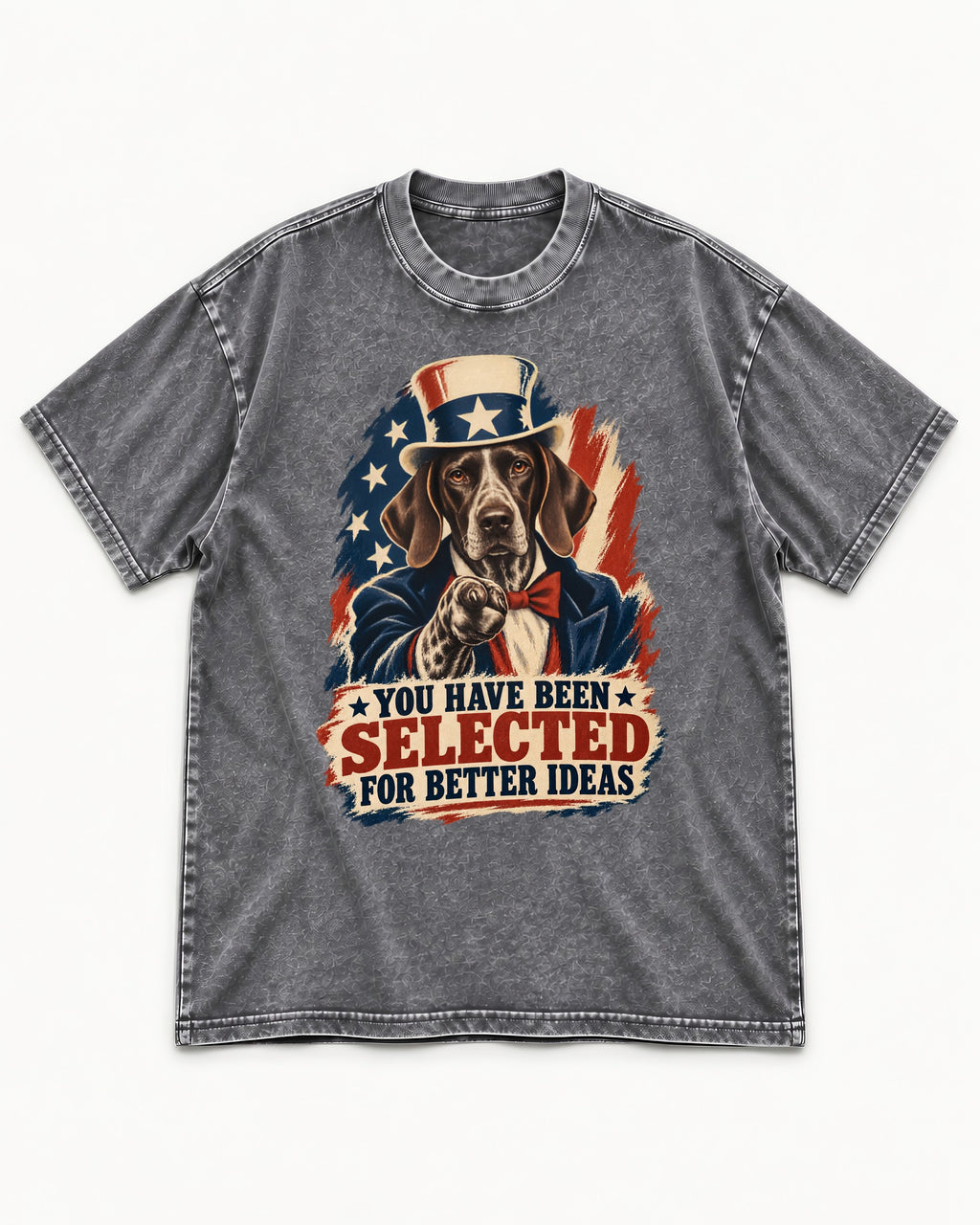 German Shorthaired Pointer You Have Been Selected For Better Ideas Uncle Sam Graphic Washed Tee in Gray, flat lay product photo