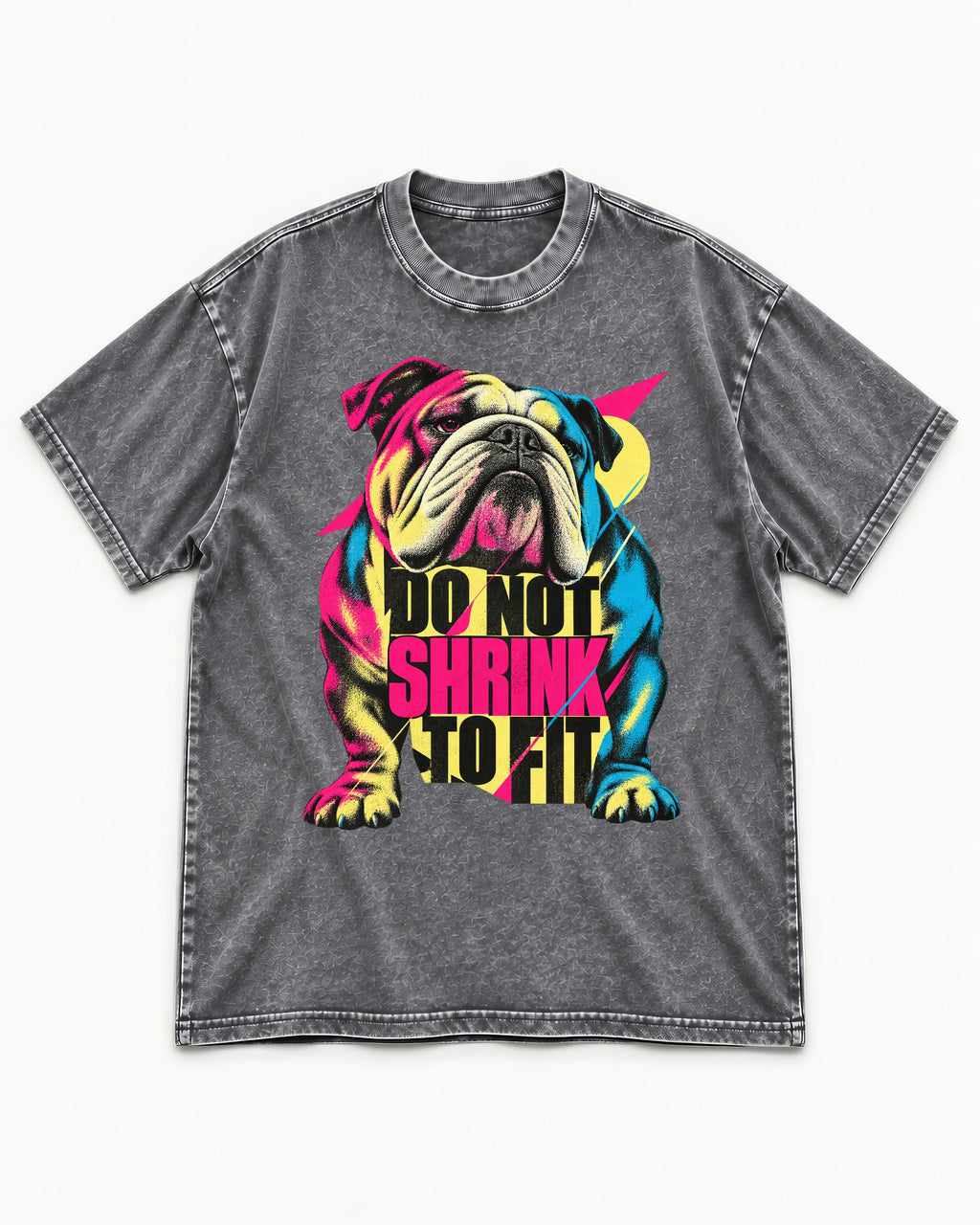English Bulldog Don't Shrink to Fit Washed Tee in Gray, flat lay product photo