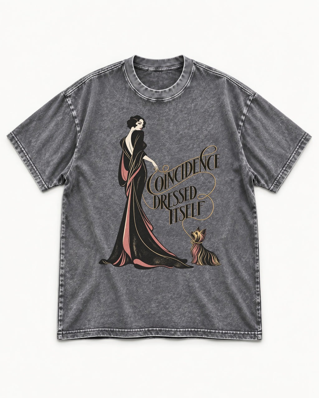 Yorkshire Terrier Coincidence Dressed Itself Art Deco Graphic Washed Tee in Gray, flat lay product photo