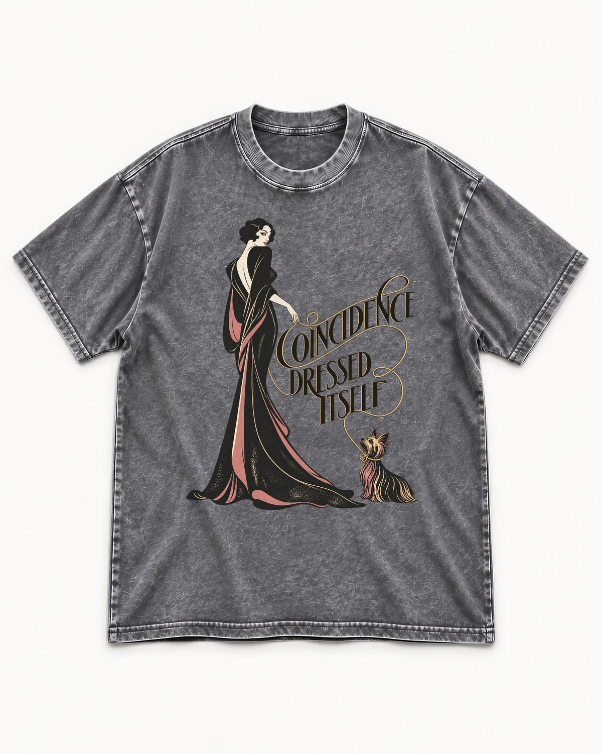 Yorkshire Terrier Coincidence Dressed Itself Art Deco Graphic Washed Tee in Gray, flat lay product photo