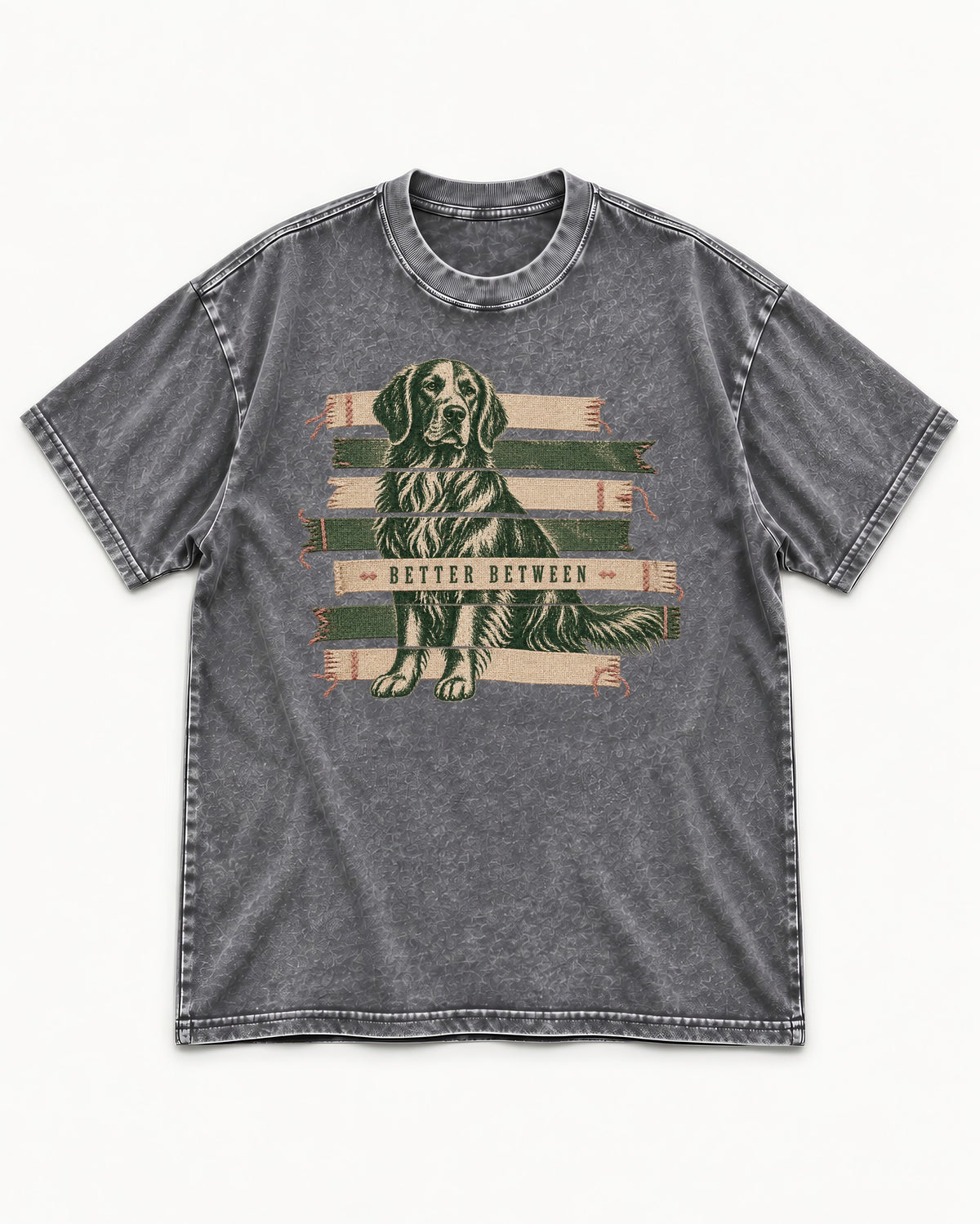Golden Retriever Better Between Washed Tee in Gray, flat lay product photo