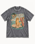 Born Ready Slightly Late Venus Golden Retriever Graphic Washed Tee in Gray, flat lay product photo