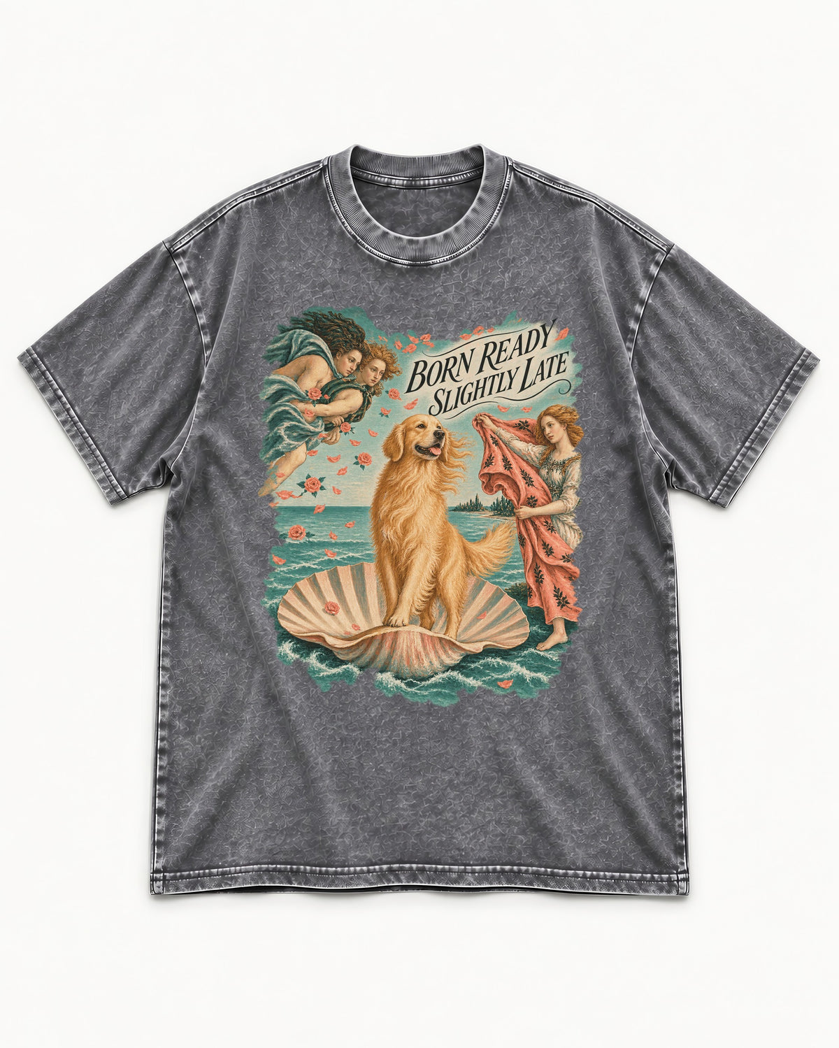 Born Ready Slightly Late Venus Golden Retriever Graphic Washed Tee in Gray, flat lay product photo