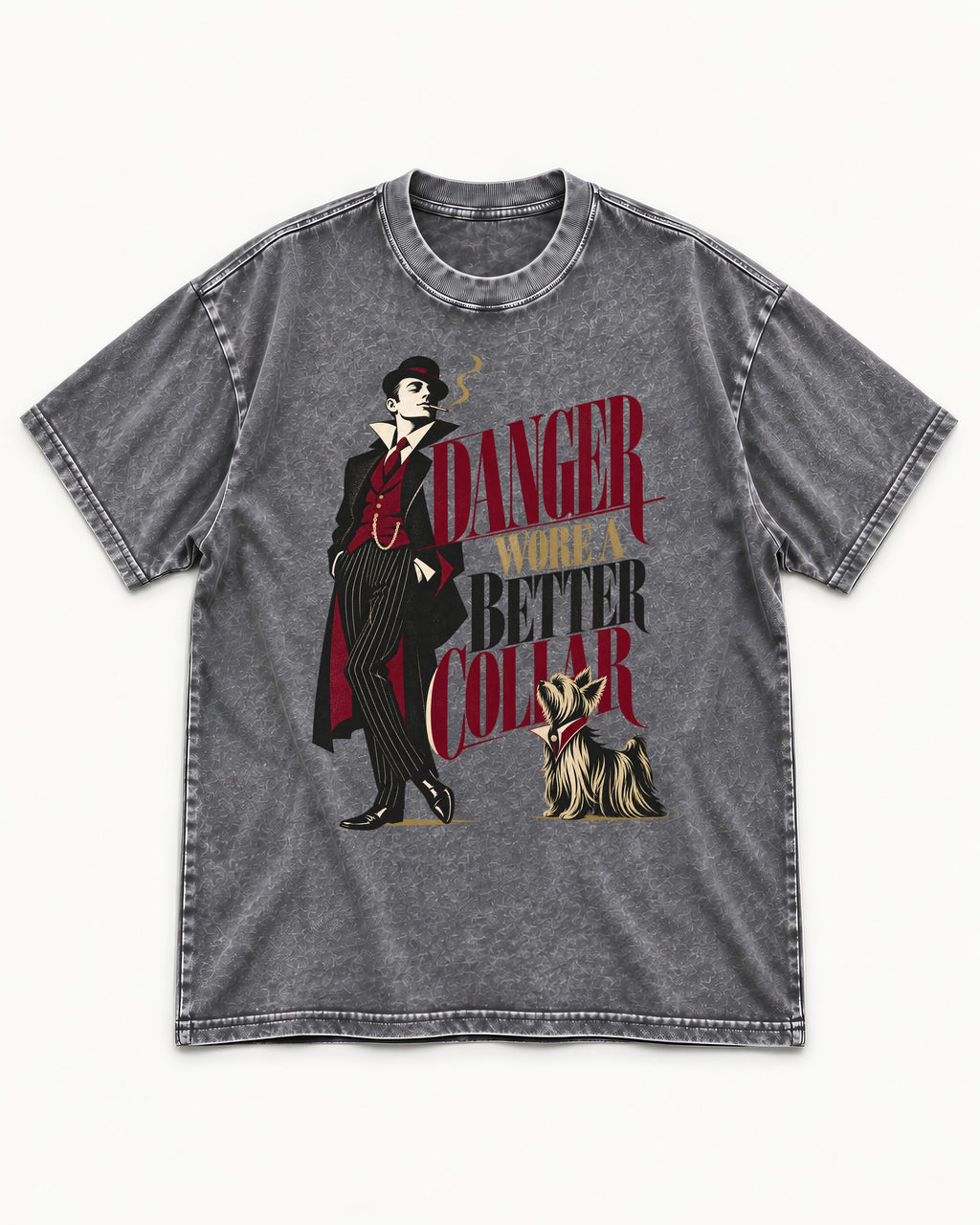 Yorkshire Terrier Danger Wore a Better Collar Art Deco Graphic Washed Tee in Gray, flat lay product photo