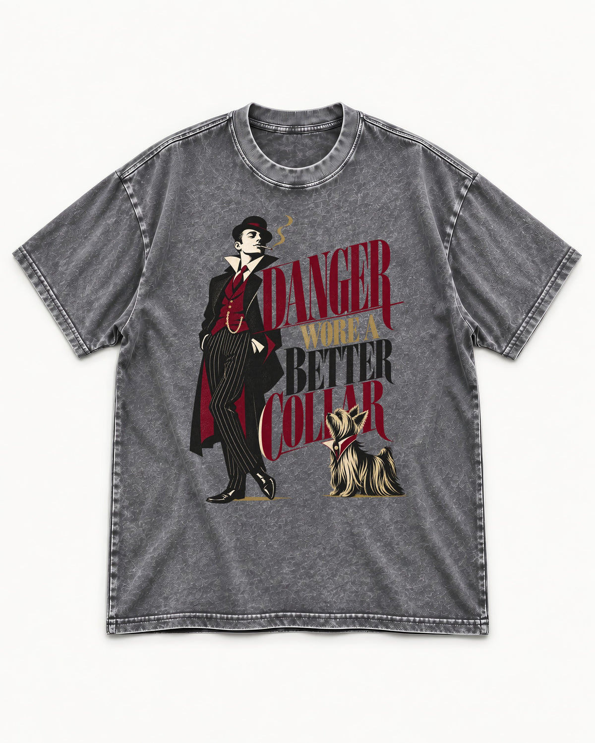 Yorkshire Terrier Danger Wore a Better Collar Art Deco Graphic Washed Tee in Gray, flat lay product photo