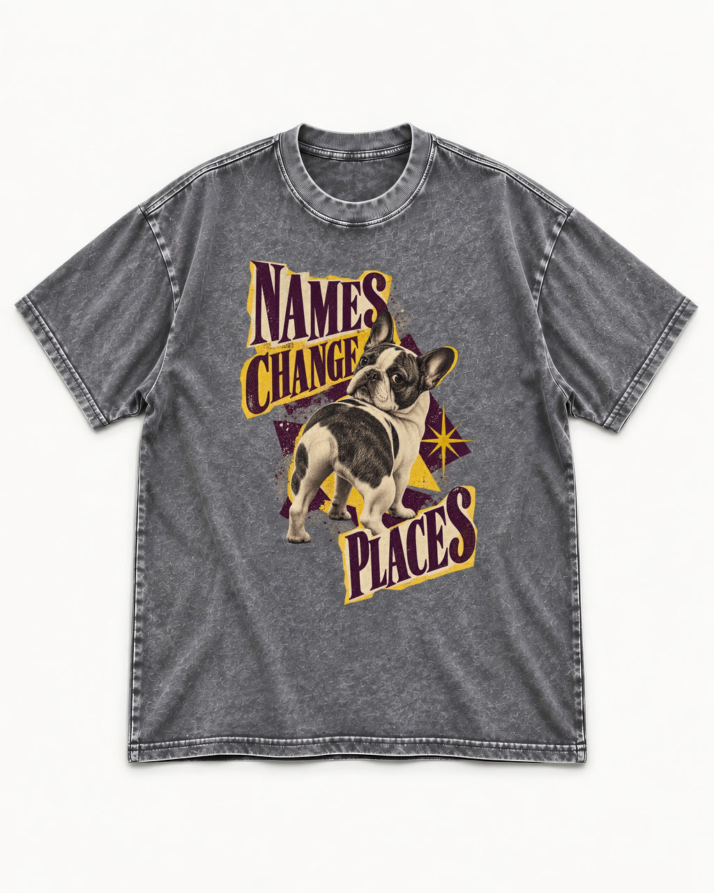 Frenchie Names Change Places Purple Poster Graphic Washed Tee in Gray, flat lay product photo