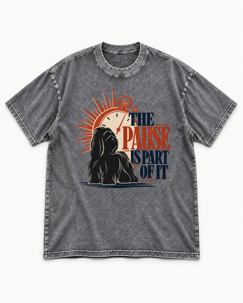 The Shih Tzu Pause Washed Tee in Gray, flat lay product photo