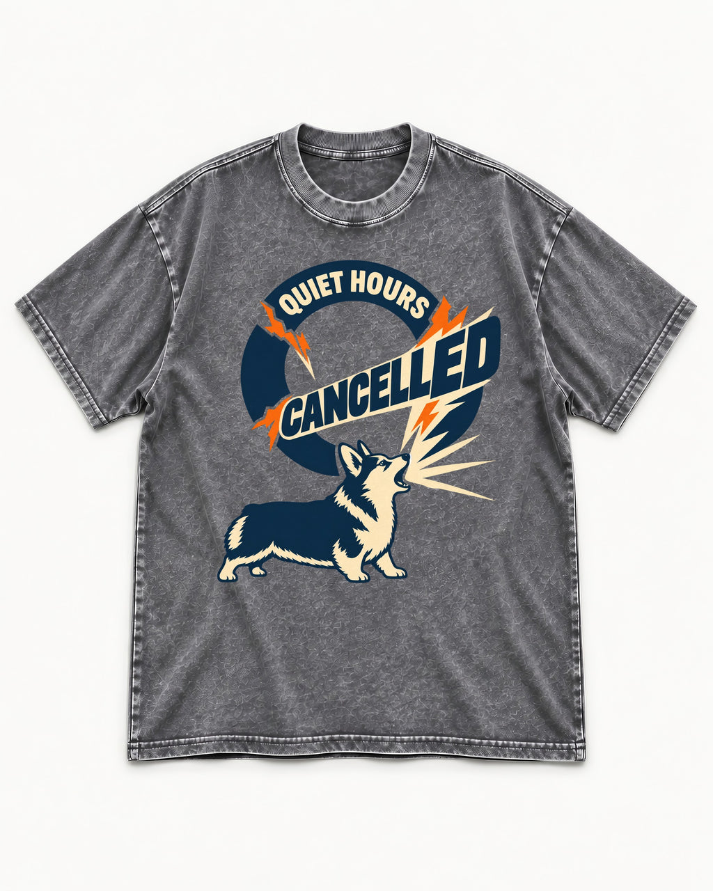 Corgi Quiet Hours Cancelled Calling Badge Graphic Washed Tee in Gray, flat lay product photo