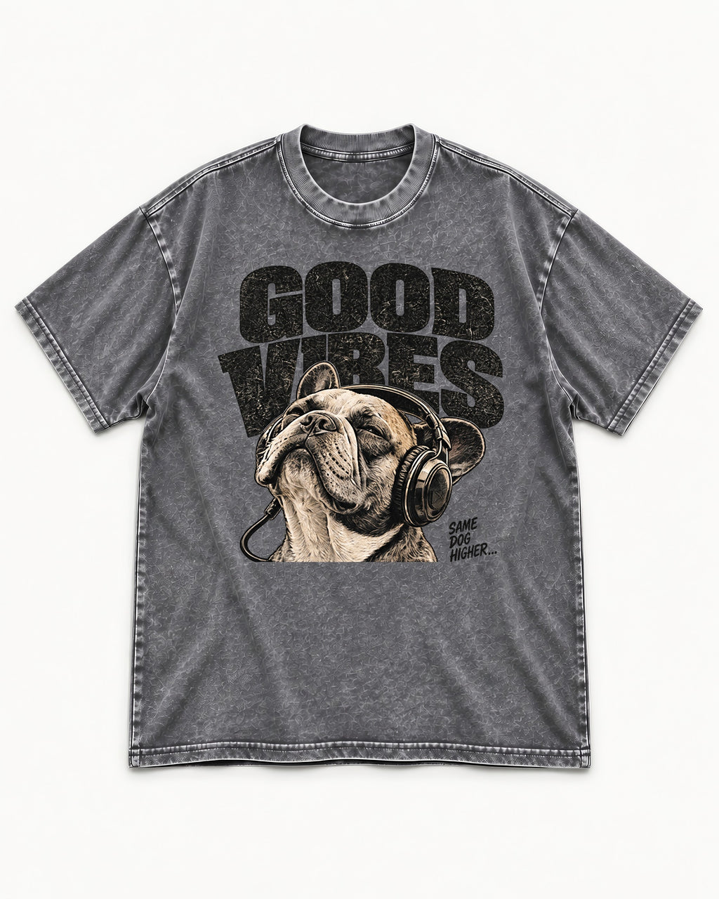 Frenchie Good Vibes Washed Tee in Gray, flat lay product photo
