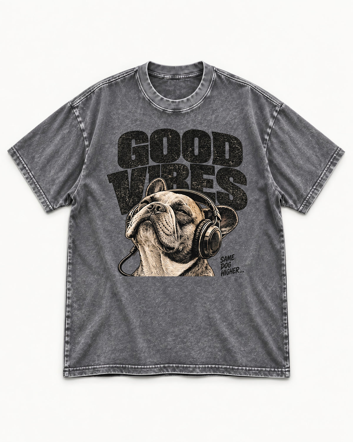 Frenchie Good Vibes Washed Tee in Gray, flat lay product photo
