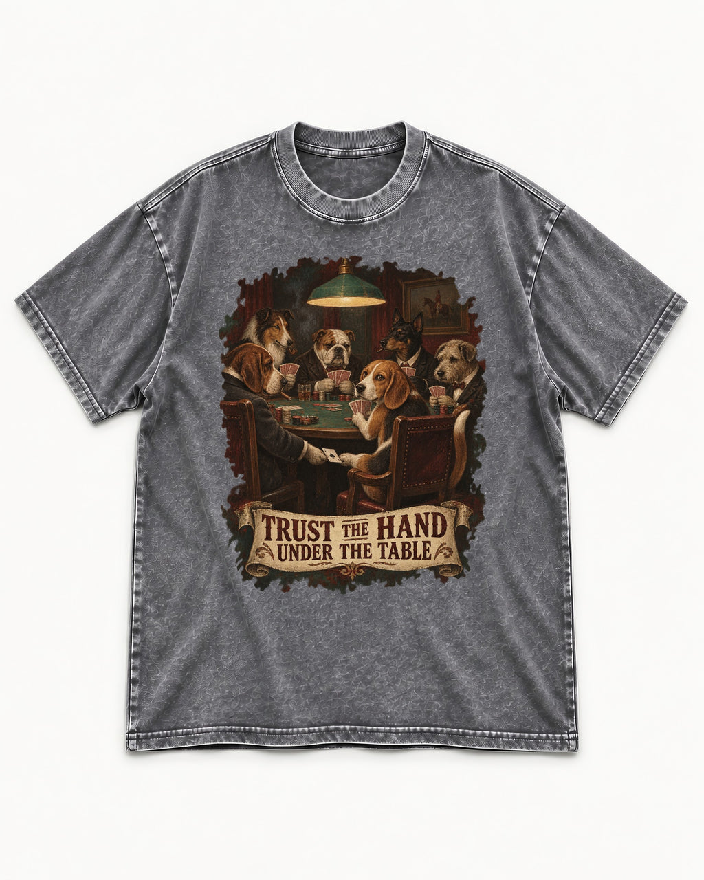 Trust The Hand Under The Table Beagle Poker Night Washed Tee in Gray, flat lay product photo