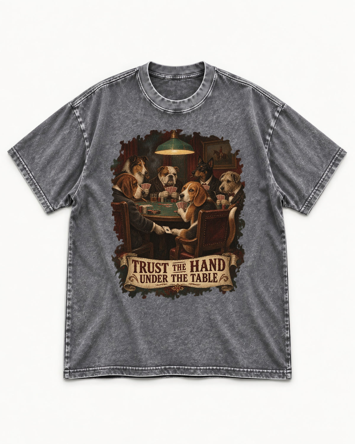 Trust The Hand Under The Table Beagle Poker Night Washed Tee in Gray, flat lay product photo