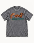 Dachshund Hours Bend Here Retro Track Graphic Washed Tee in Gray, flat lay product photo