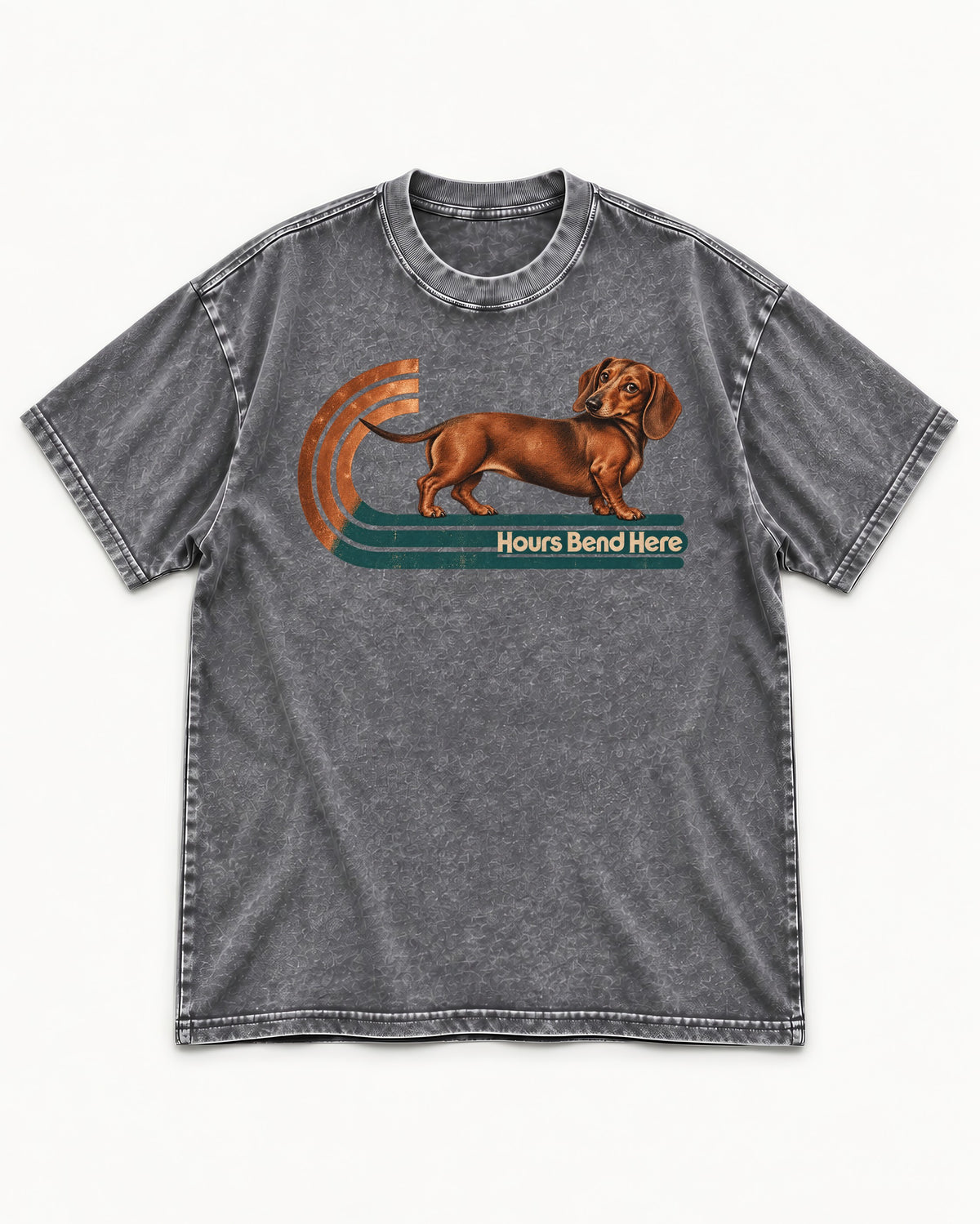 Dachshund Hours Bend Here Retro Track Graphic Washed Tee in Gray, flat lay product photo