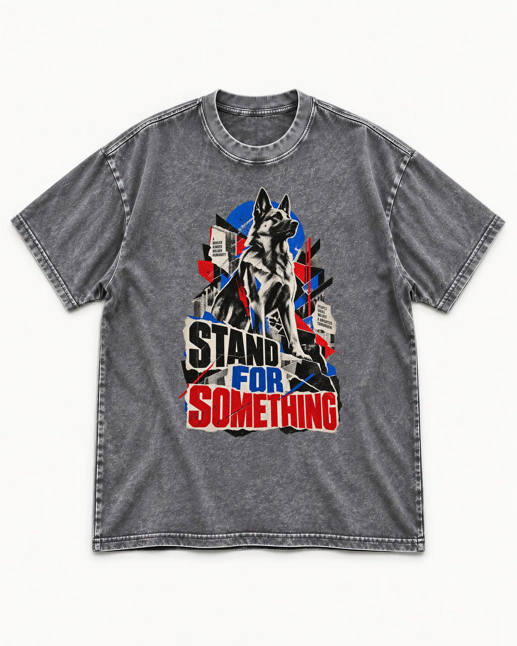 Stand For Something Brutalist Collage German Shepherd Dog Graphic Washed Tee in Gray, flat lay product photo