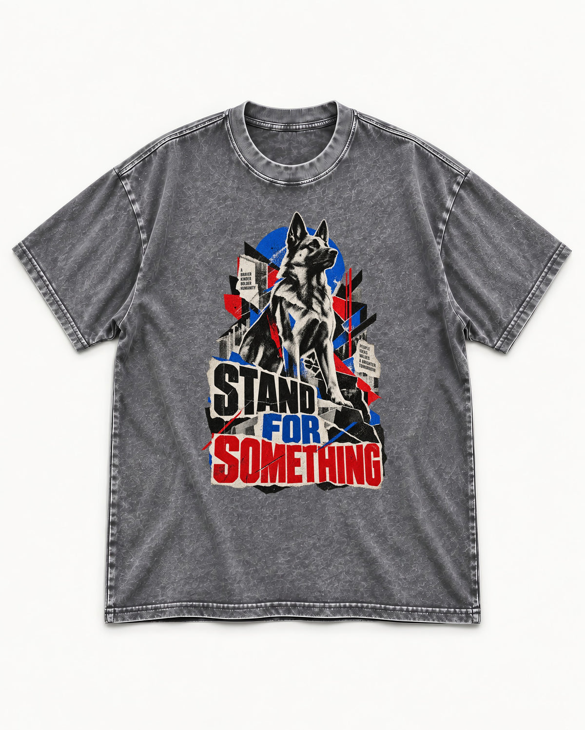 Stand For Something Brutalist Collage German Shepherd Dog Graphic Washed Tee in Gray, flat lay product photo