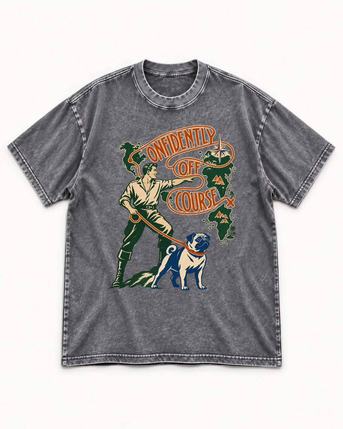 Pug Confidently Off Course Washed Tee in Gray, flat lay product photo