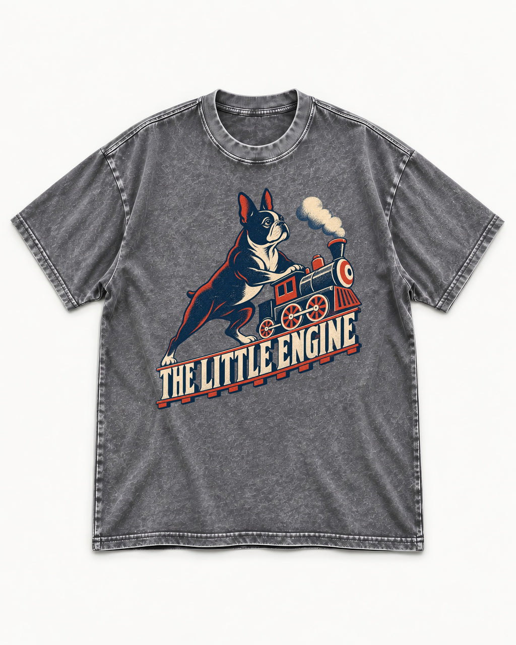 Boston Terrier The Little Engine Washed Tee in Gray, flat lay product photo