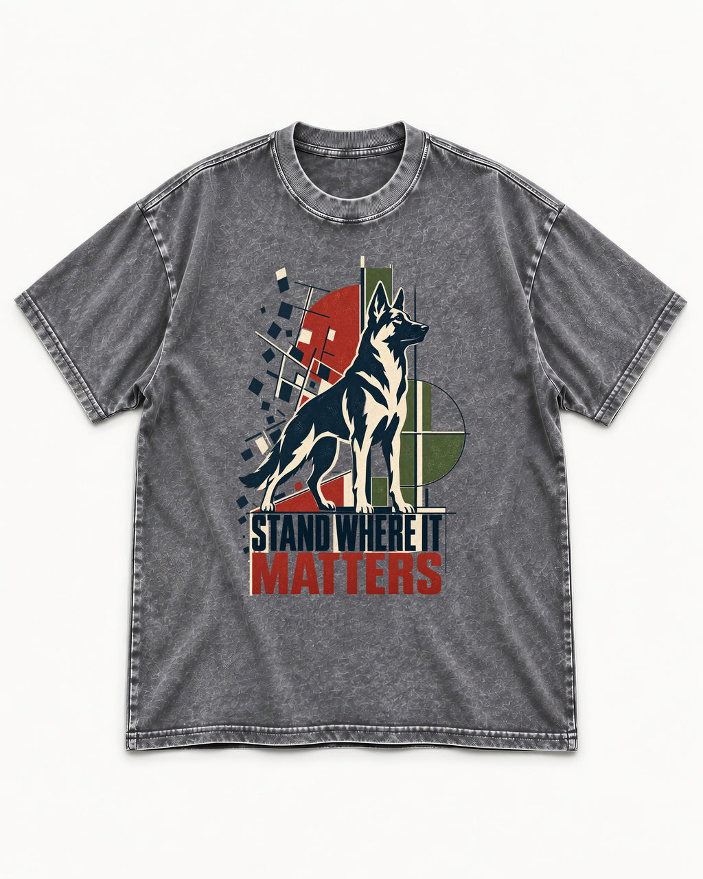 Stand Where It Matters German Shepherd Dog Washed Tee in Gray, flat lay product photo