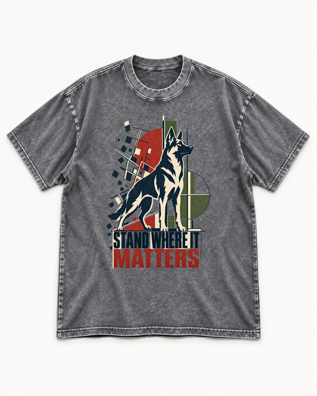 Stand Where It Matters German Shepherd Dog Washed Tee in Gray, flat lay product photo