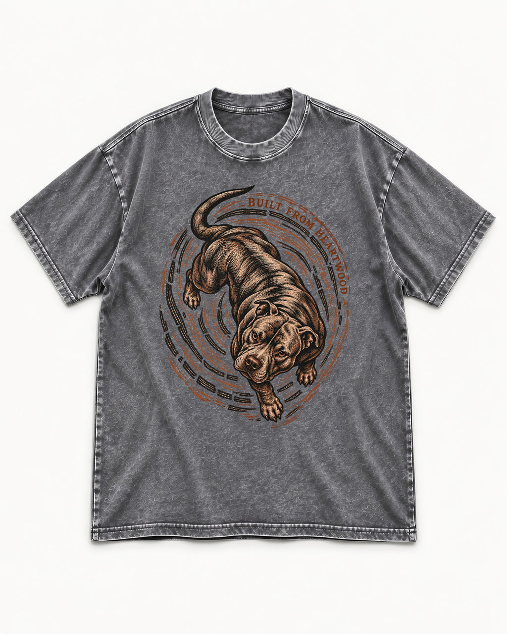 Pitbull Built From Heartwood Washed Tee in Gray, flat lay product photo