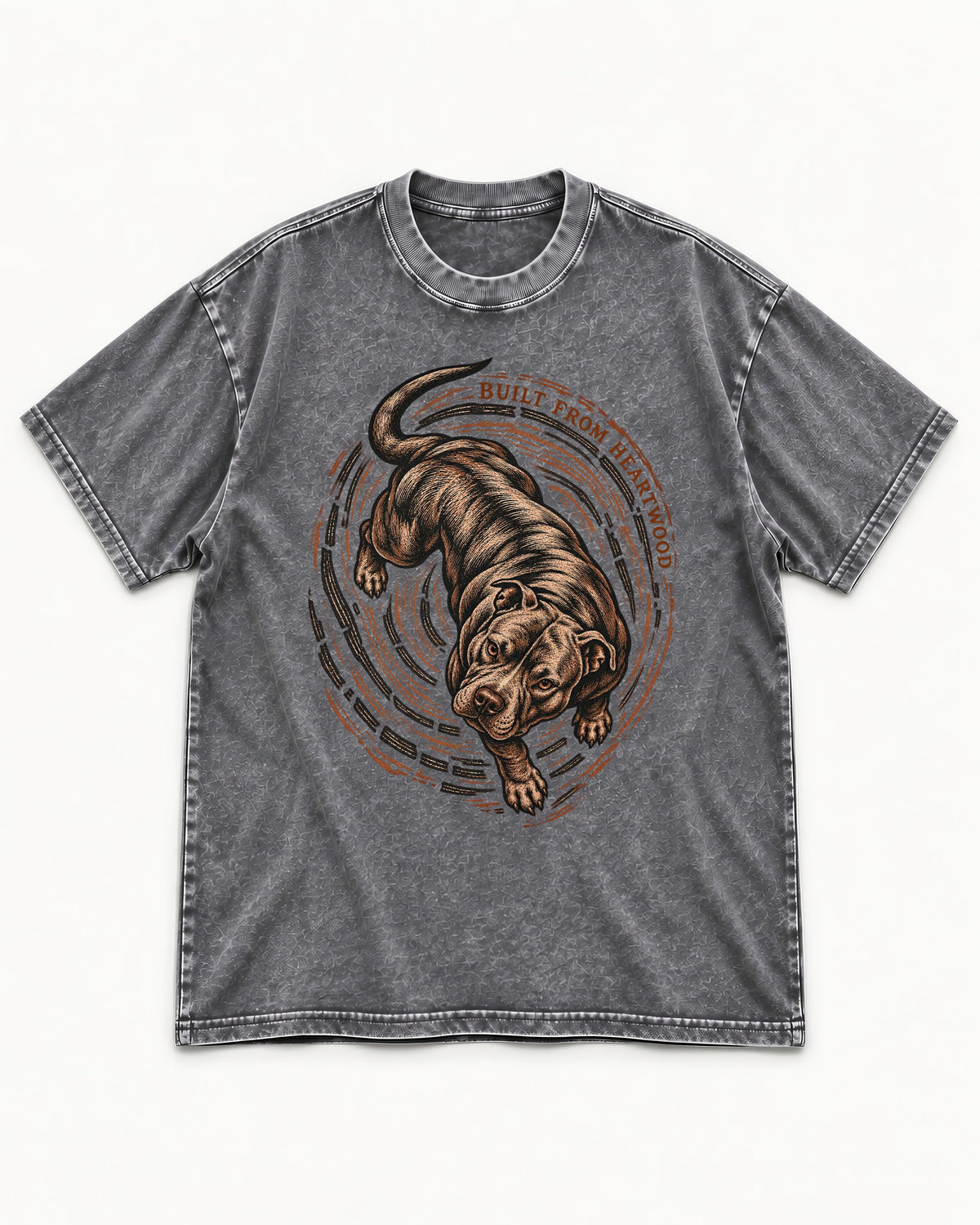 Pitbull Built From Heartwood Washed Tee in Gray, flat lay product photo