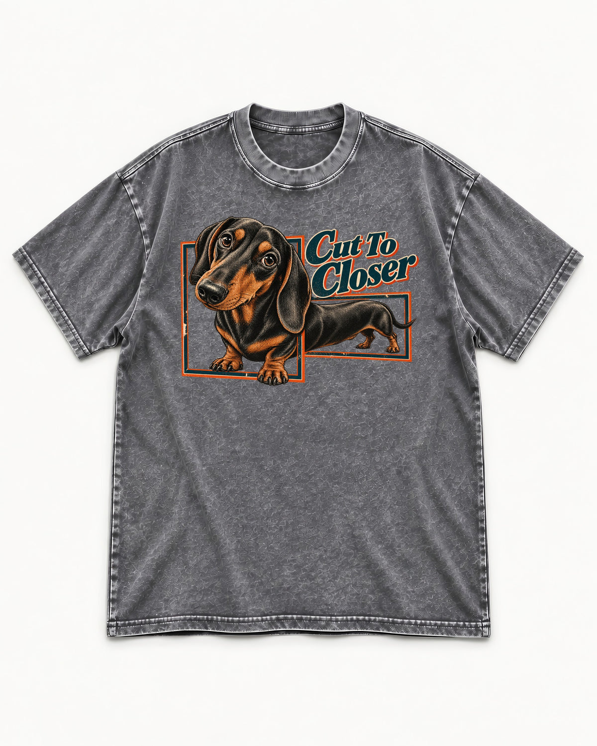 Dachshund Cut to Closer Washed Tee in Gray, flat lay product photo