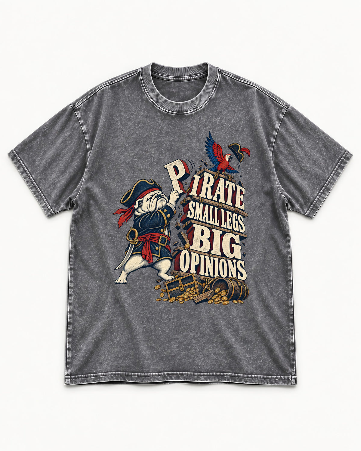 Pirate English Bulldog Big Opinions Washed Tee in Gray, flat lay product photo