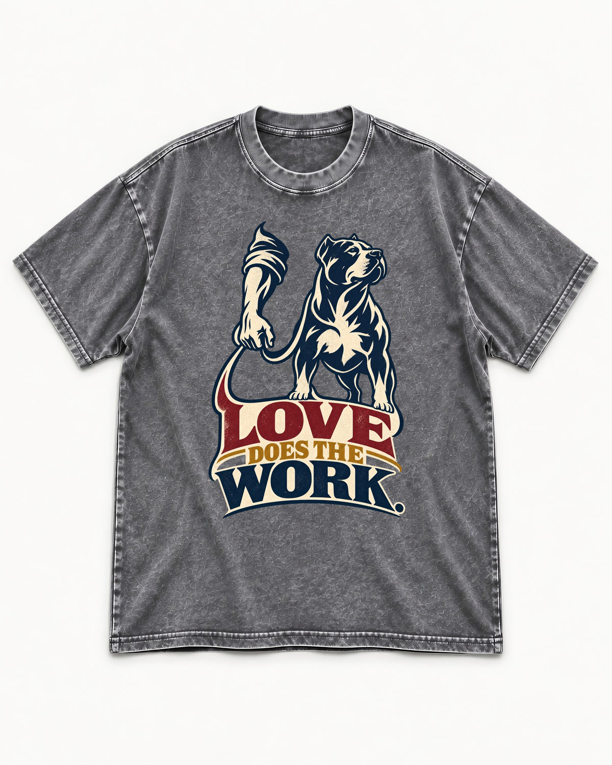 Pitbull Love Does the Work Washed Tee in Gray, flat lay product photo