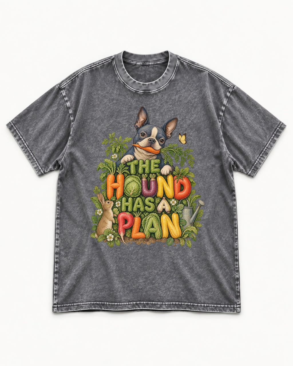 The Hound Has a Plan Boston Terrier Washed Tee in Gray, flat lay product photo