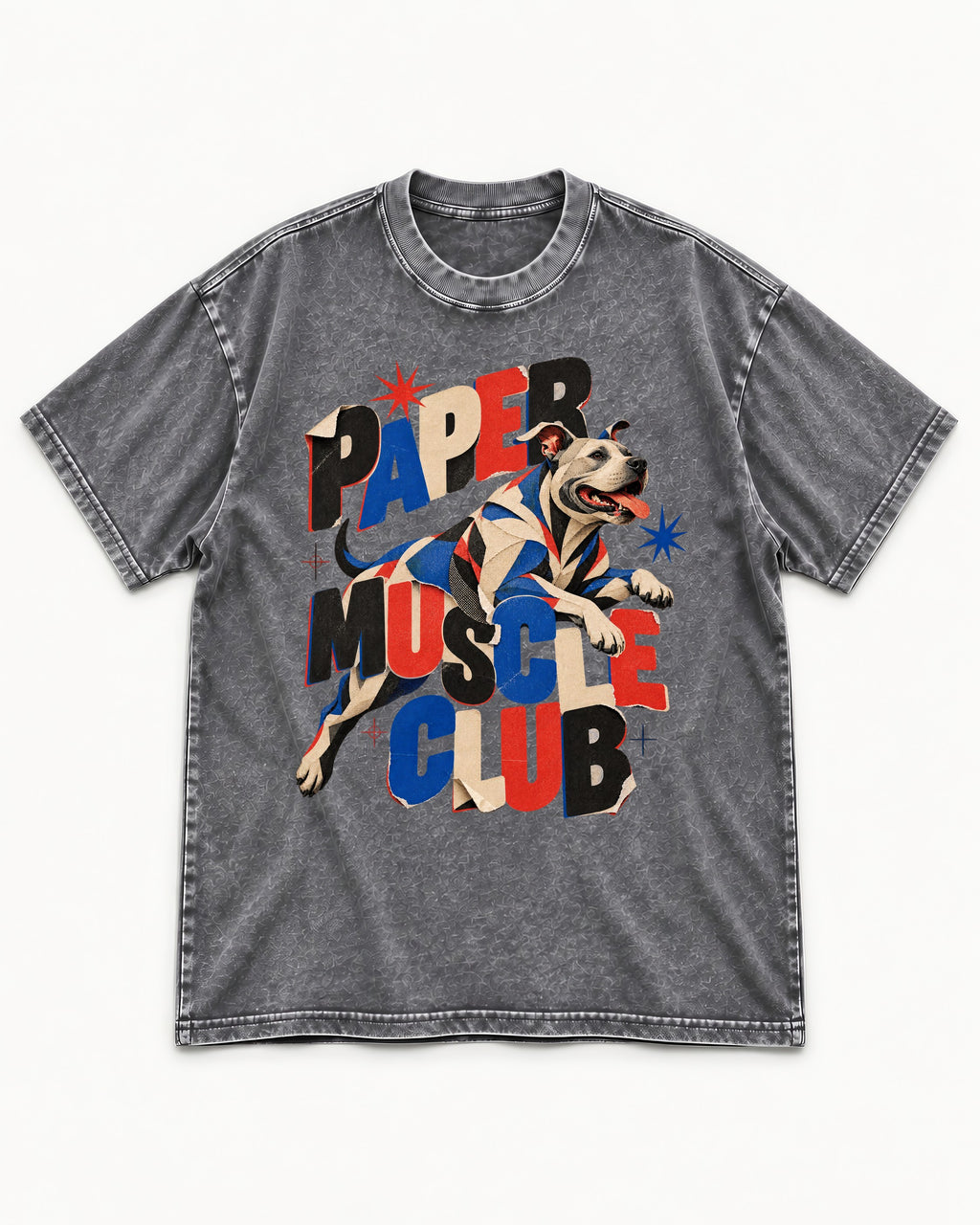 Pitbull Paper Muscle Club Collage Graphic Washed Tee in Gray, flat lay product photo