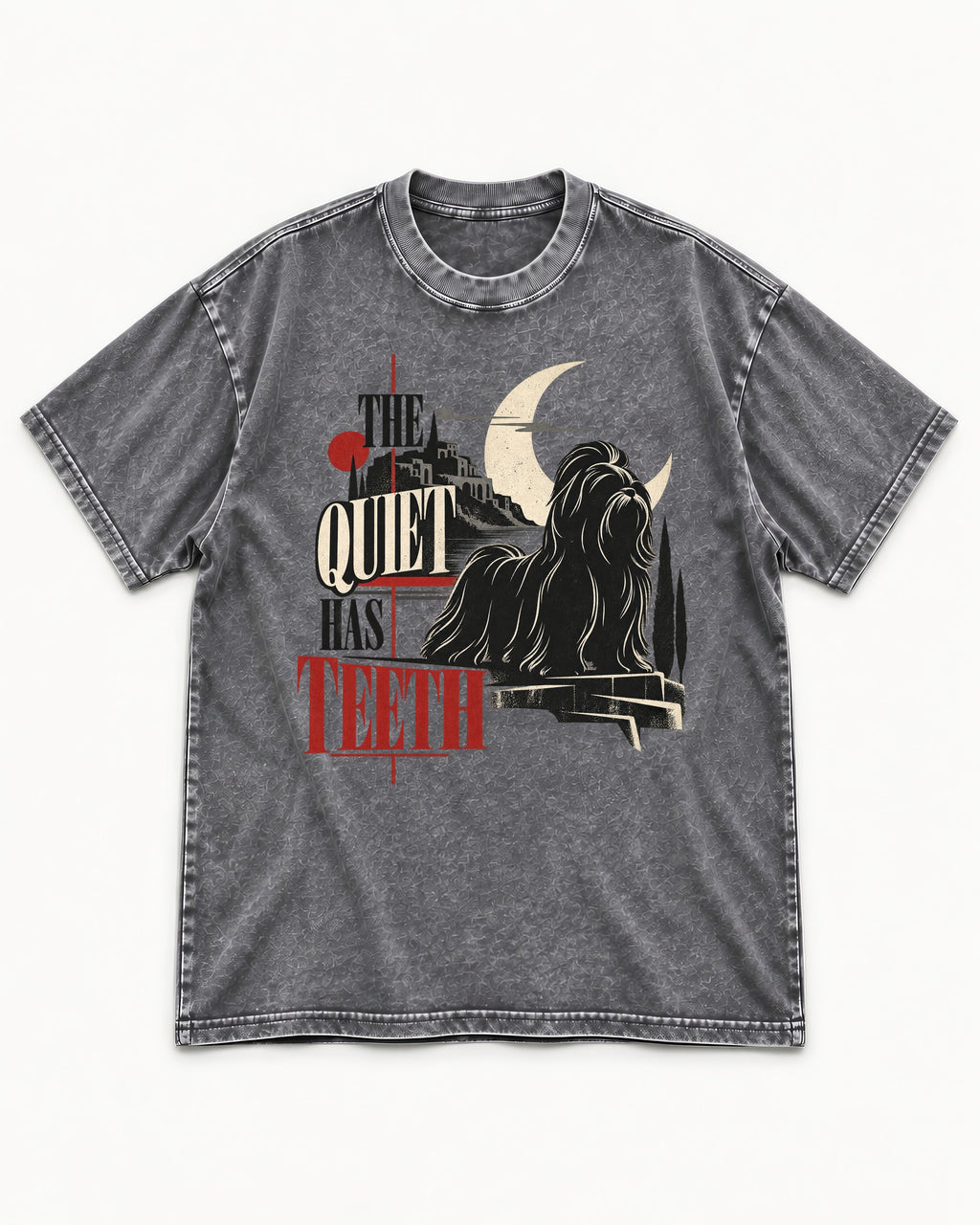 The Quiet Shih Tzu Has Teeth Washed Tee in Gray, flat lay product photo