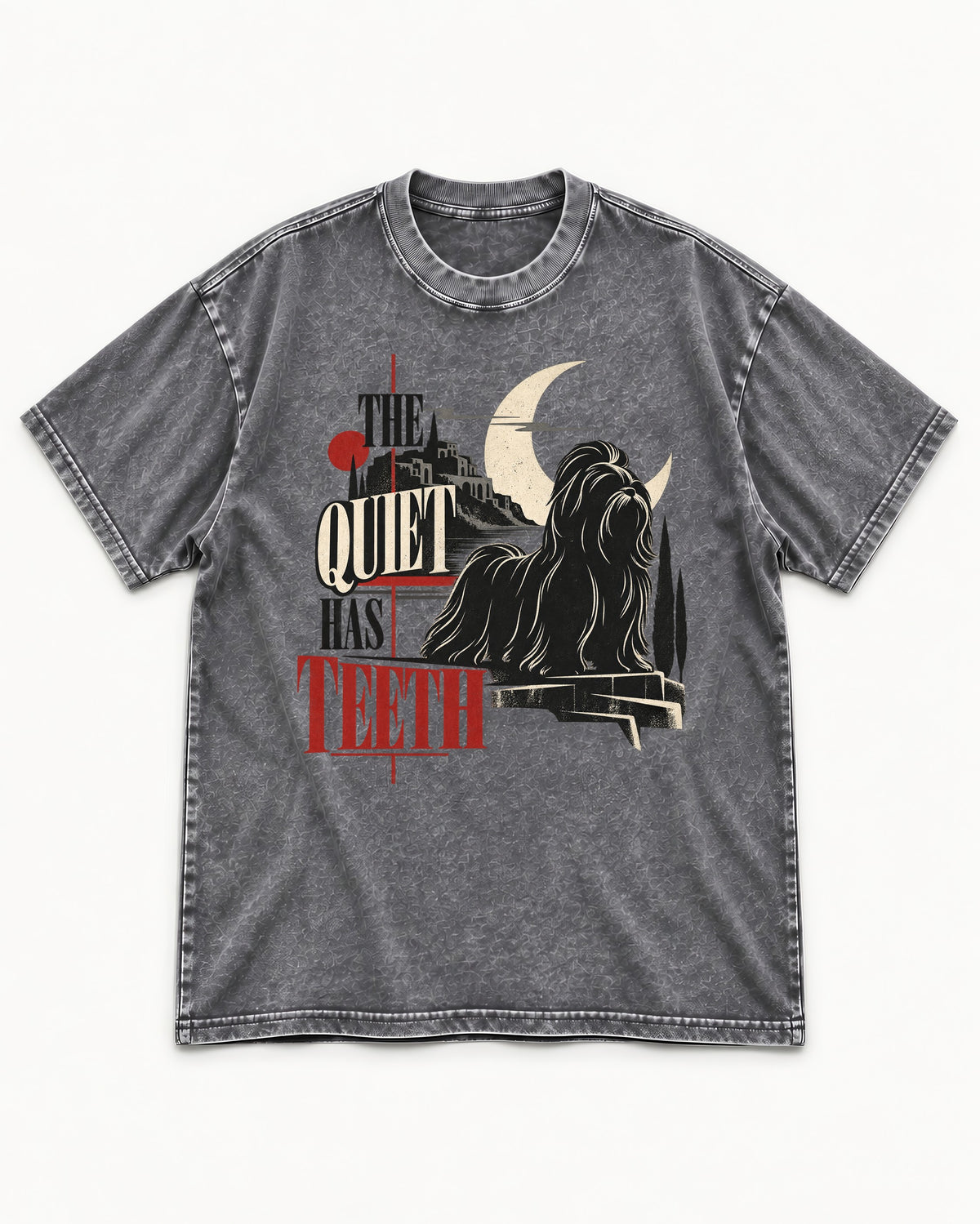 The Quiet Shih Tzu Has Teeth Washed Tee in Gray, flat lay product photo