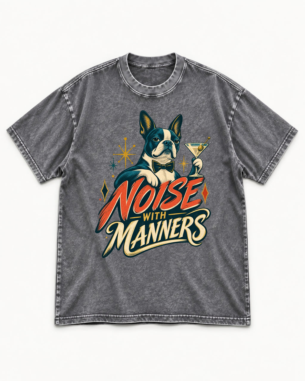 Boston Terrier Noise With Manners Cocktail Graphic Washed Tee in Gray, flat lay product photo