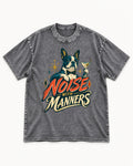 Boston Terrier Noise With Manners Cocktail Graphic Washed Tee in Gray, flat lay product photo
