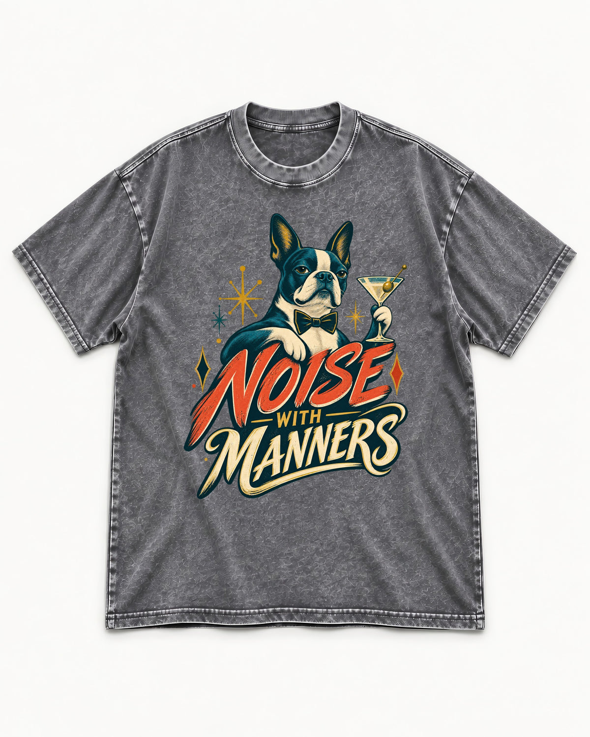 Boston Terrier Noise With Manners Cocktail Graphic Washed Tee in Gray, flat lay product photo