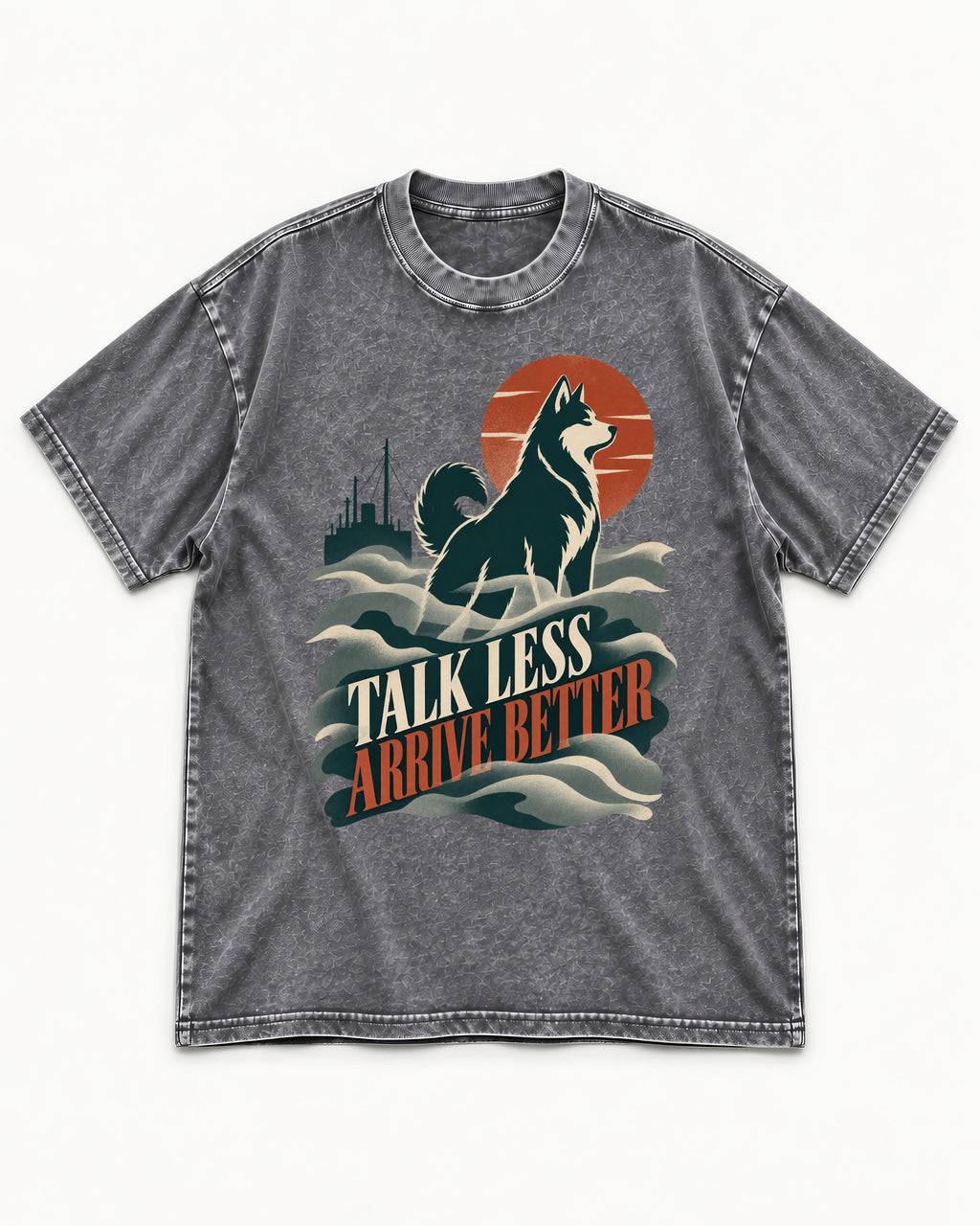 Husky Talk Less Arrive Better Harbor Wave Graphic Washed Tee in Gray, flat lay product photo