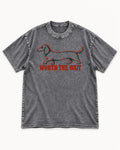 Dachshund Worth The Wait Distressed Outline Graphic Washed Tee in Gray, flat lay product photo