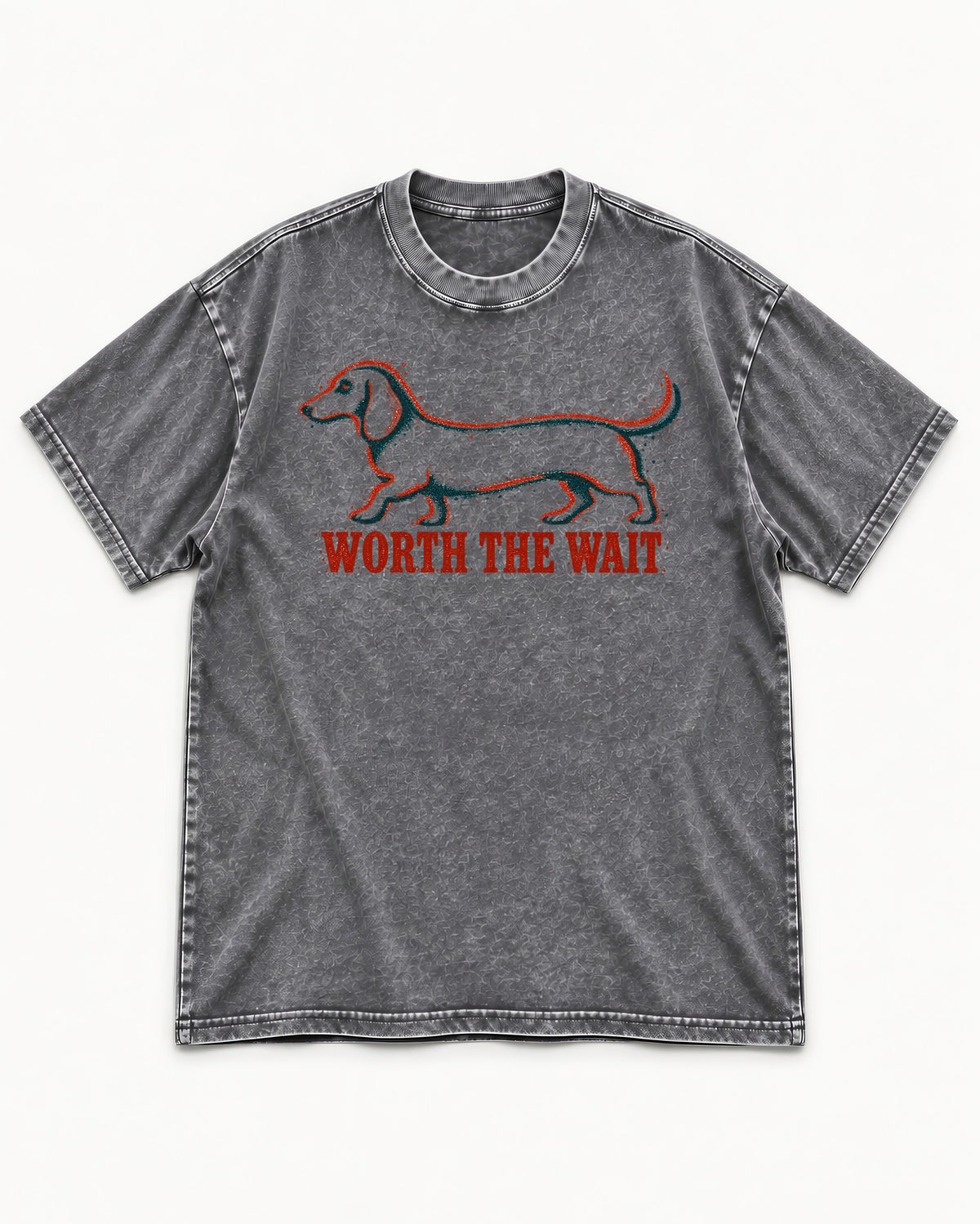 Dachshund Worth The Wait Distressed Outline Graphic Washed Tee in Gray, flat lay product photo