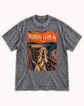 Labrador Retriever Monday Found Me Scream Parody Graphic Washed Tee in Gray, flat lay product photo