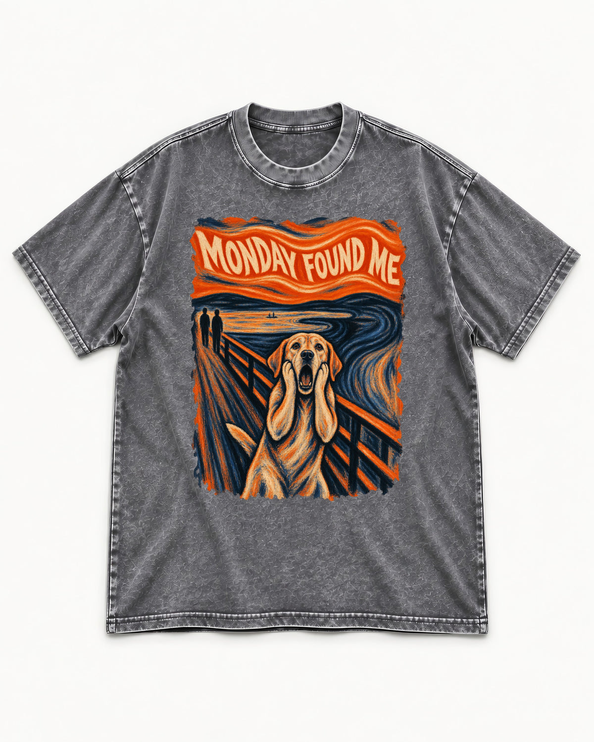 Labrador Retriever Monday Found Me Scream Parody Graphic Washed Tee in Gray, flat lay product photo