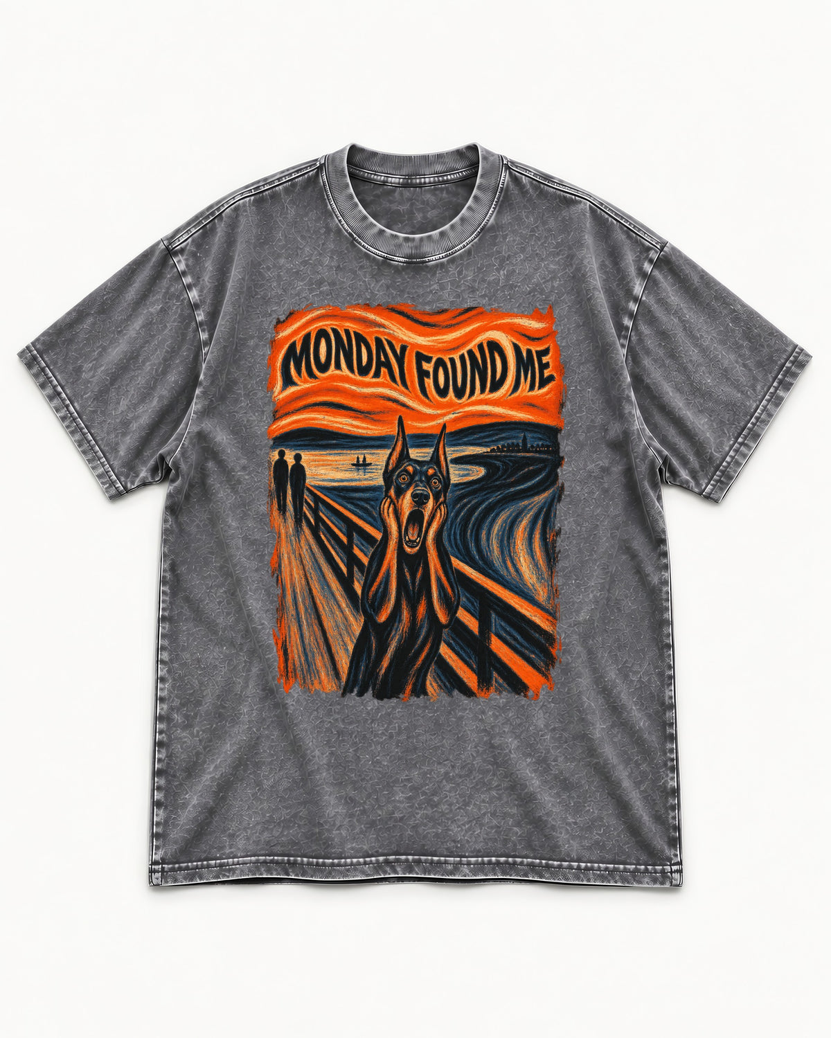 Doberman Monday Found Me Scream Graphic Washed Tee in Gray, flat lay product photo