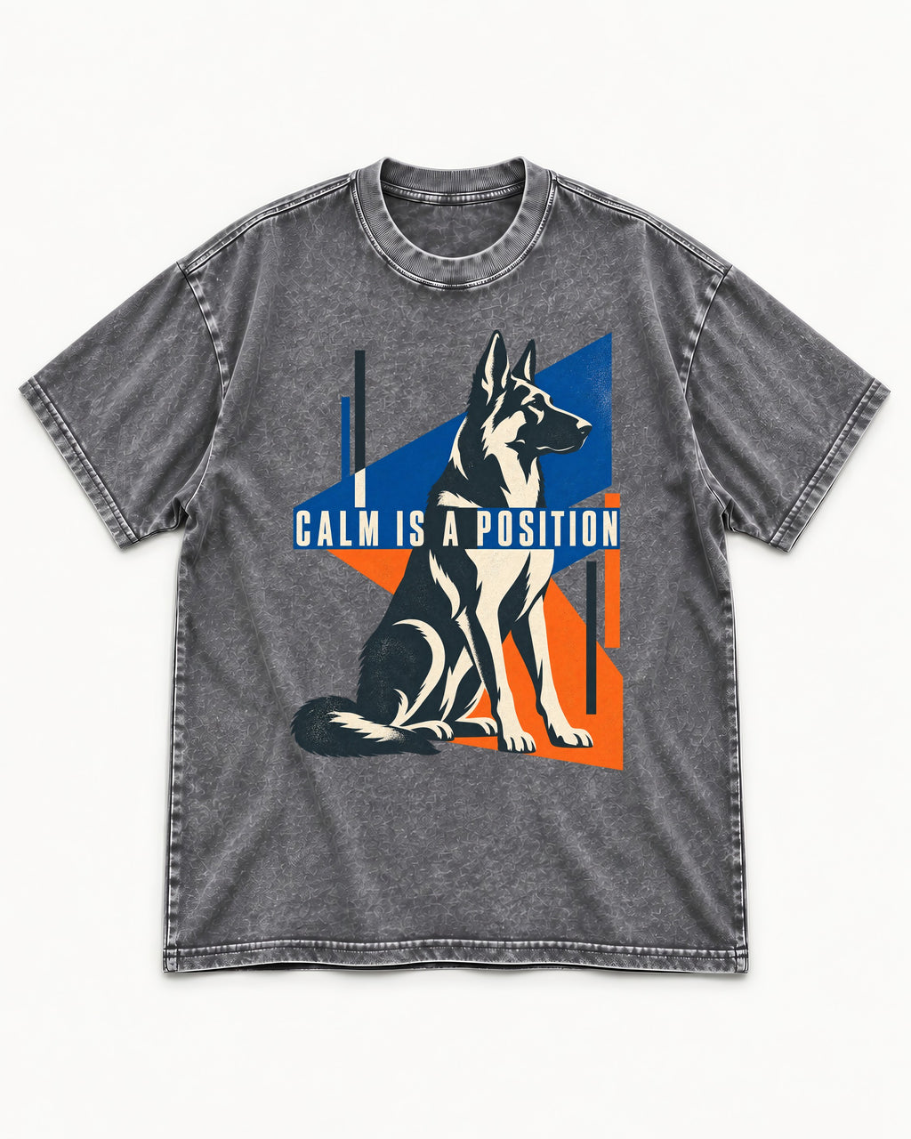 Calm Is A Position Geometric German Shepherd Dog Graphic Washed Tee in Gray, flat lay product photo