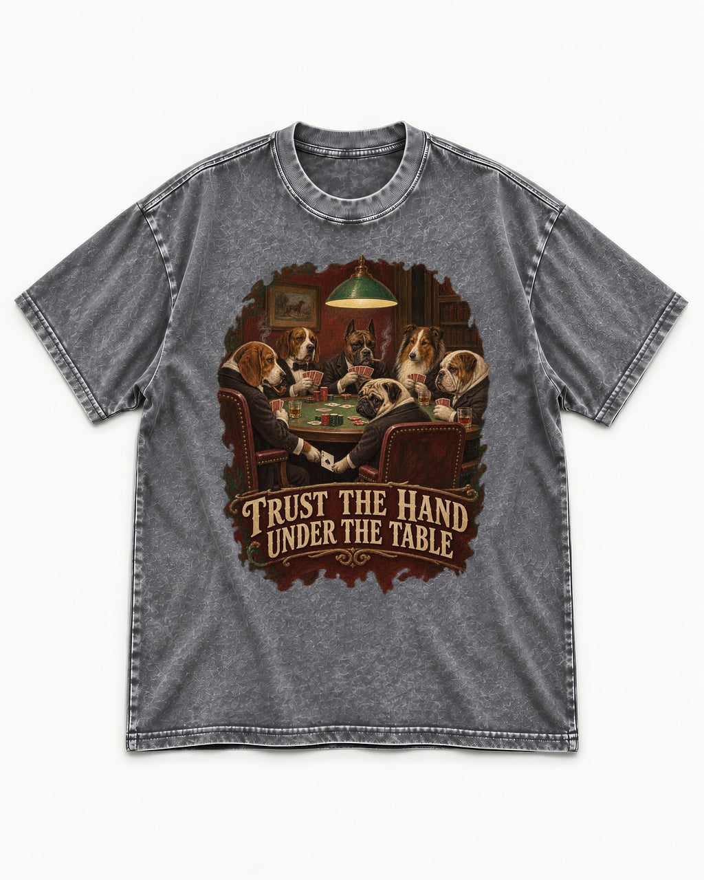 Pug Trust the Hand Under the Table Poker Graphic Washed Tee in Gray, flat lay product photo