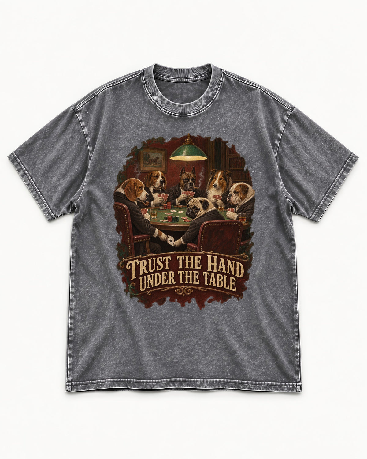 Pug Trust the Hand Under the Table Poker Graphic Washed Tee in Gray, flat lay product photo
