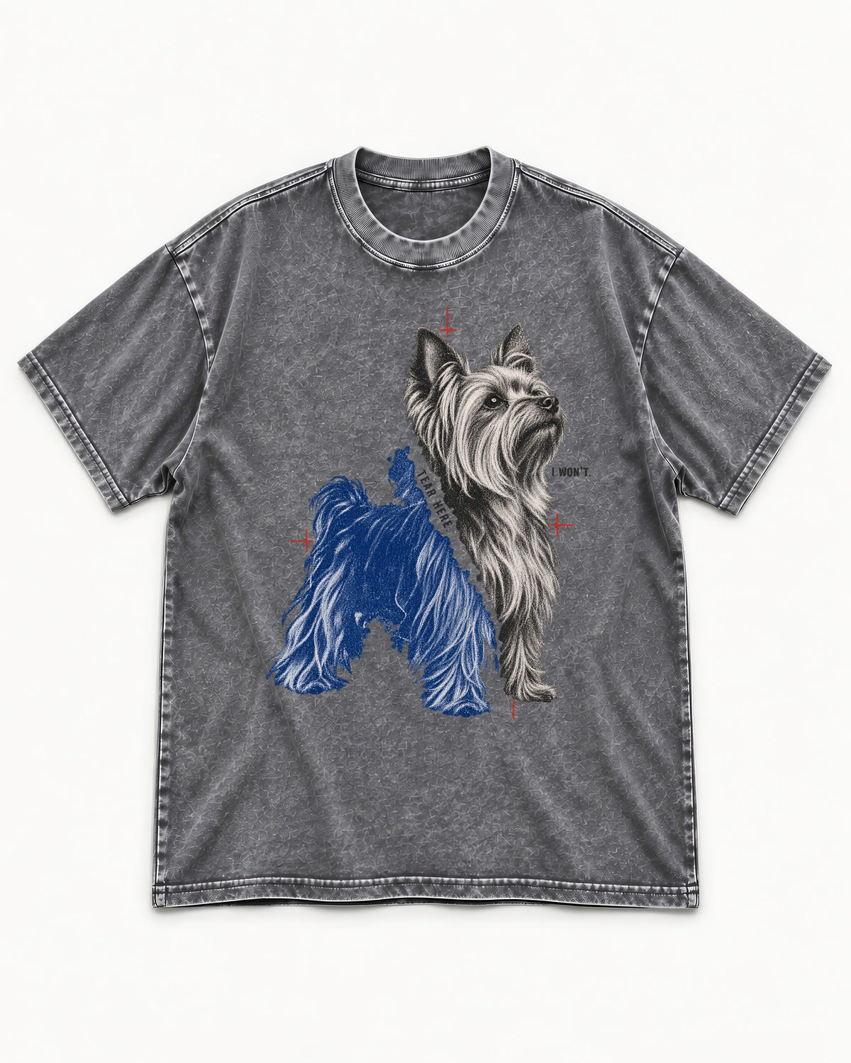 Yorkshire Terrier I Won't Tear Here Washed Tee in Gray, flat lay product photo